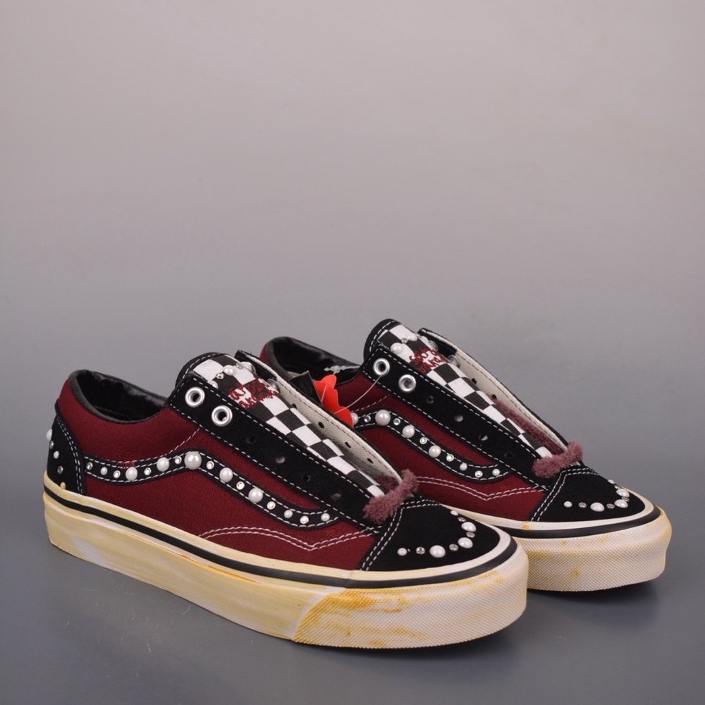 Vans Burgundy Black Checkerboard Studded Low-Top Sneakers - Picture 1 of 9
